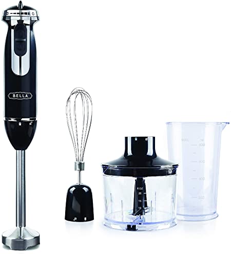 BELLA Multi-Use 10-Speed Immersion Blender with Chopper Attachment, Black & Chrome