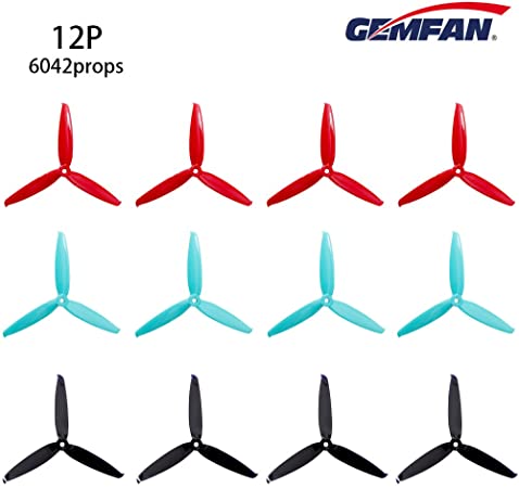 12pcs Gemfan 6042 (Popo) 3-Blade Propellers 6 inch Flash Props, Match for 2406 2407 Brushless Motor for FPV Drone Racing Frame(Red Black Blue)