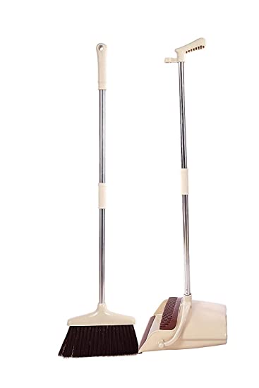 Keurig Broom Dustpan Combo Set Standing Dustpan Broom with Stainless Long Handle 44.5"-55.9" Sweep Set Broom Dustpan Set Upright for Home Kitchen Room Office Lobby Floor Cleaning Maker Oasis (Brown)