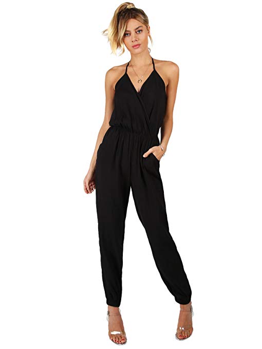 Romwe Women's Sexy Sleeveless Surplice Top Pocket Front Wide Tapered Romper Jumpsuit