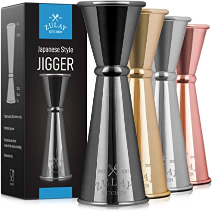 Zulay Premium Japanese Style Double Cocktail Jigger, 18/8 Food-Grade Stainless Steel, 1oz-2oz Etched Markings With Incremental Gradations, Beautiful Jiggers Shot Pourer Measuring Tool (Black)