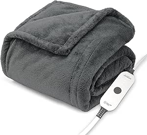 Sunbeam Electric Throw Artic Plush Eco-Blend 70% Recycled Polyester Heated Blanket, 4 Heat Settings, 4-Hours Auto Shut-Off, Fast Heating, Dark Grey Color, 50'' x 60''