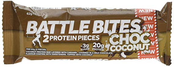Battle Bites High Protein Bar, Low Carb and Low Sugar Protein Bars, Chocolate Coconut, 12 x 62g Bars (2 x 31g Pieces per Bar) Baked by Battle Oats