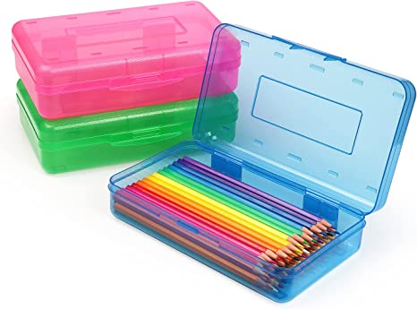 3 Pack Plastic Pencil Box Large Capacity Pencil Boxes Clear Boxes with Snap-tight Lid Stackable Design and Stylish Office Supplies Storage Organizer Box, Blue, Green, Pink