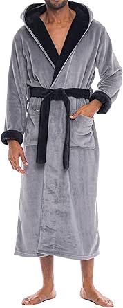 Alexander Del Rossa Mens Robe with Hood, Plush Fleece Hooded Mens Bathrobe, Big and Tall Bath Robe for Men