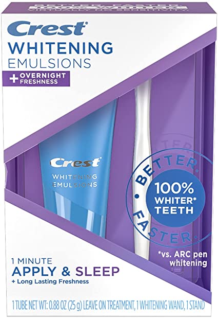 Crest Whitening Emulsions Leave-On Teeth Whitening Gel Kit   Overnight Freshness with Wand Applicator and Stand, Apply & Sleep, 0.88 Oz