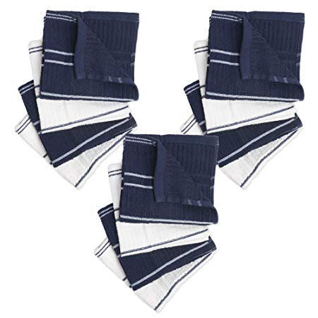 Ribbed Terry Kitchen Dish Cloths (13x13 Set of 12 - Assorted Navy Blue & White) Absorbent & Durable for Cleaning Countertops, Dusting, or Washing Dishes