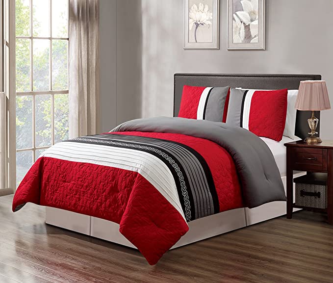 GrandLinen 3 Piece Red/Grey/Black/White Scroll Embroidery Bed in A Bag Down Alternative Comforter Set King Size Bedding. Perfect for Any Bed Room or Guest Room