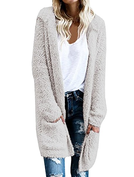 Ofenbuy Women Faux Fur Hoodie Knit Long Sleeve Cardigan Sweaters Outerwear With Pocket