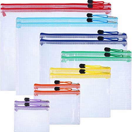 Zhehao 14 Pieces Assorted Colors Waterproof Zipper Bags Mesh Bags Zipper Document Pouches for Travel Cosmetic Offices, 7 Sizes