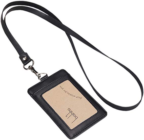 Boshiho Cow Leather ID Card Badge Holder with Heavy Duty PU Lanyard Vertical Style (Vertical Black)