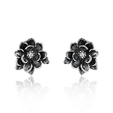 925 Sterling Silver Oxidized Magnolia Flower 12 mm Stud Earrings