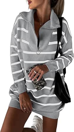 Sidefeel Women's 2024 Fall Sweater Dress Long Sleeve V Neck Striped Knit Bodycon Winter Dresses