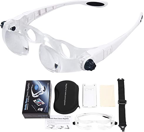 Head Mounted Magnifier Mobile Phone TV Reading Magnifying Glasses 1.5X to 3.8X Zoom 0 to  300 Degree Adjustable Handsfree Magnifier for Far-Sightedness Presbyopia Magnifying with Headband Phone Holder