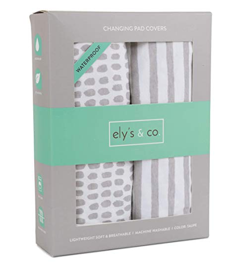 Waterproof Changing Pad Cover Set 100% Jersey Cotton 2 Pack | No Need for Changing Liner | Taupe Stripes and Splash by Ely's & Co.