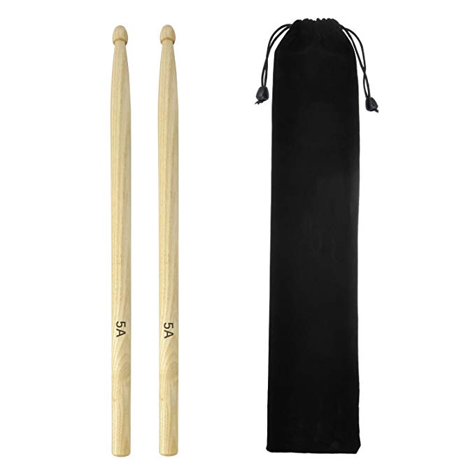 Sywon 5A Hickory Drum Sticks Drumsticks Wood Tip in Carry Bag, 1 Pair