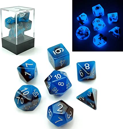 Bescon Two-Tone Glow-in-The-Dark Polyhedral Dice Set Blue Dawn, Luminous RPG Dice Set d4 d6 d8 d10 d12 d20 d% Brick Box Pack