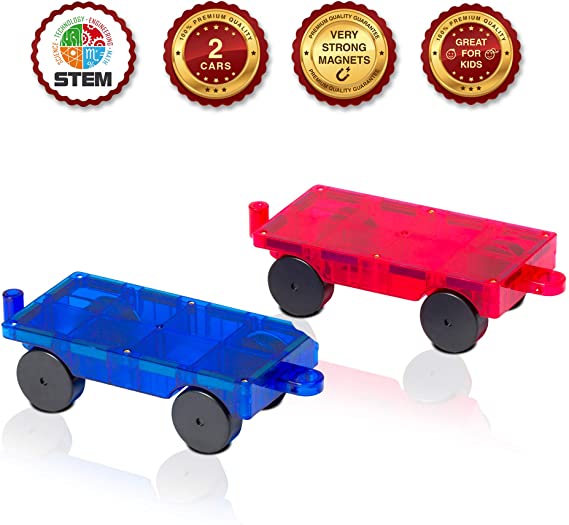 Playmags 2 Piece Car Set: Now with Stronger Magnets, Sturdy, Super Durable with Vivid Clear Color Tiles. (Colors May Vary)