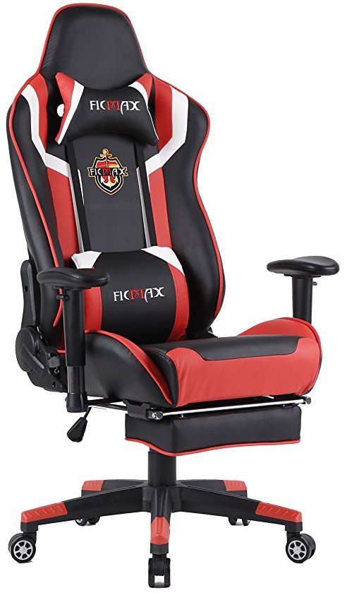 Ficmax High Back Computer Gaming Chair Recliner Rocker Tilt E-sports Chair with Lumbar Massager Support & Adjustable Headrest Pillow & Retractable Footrest [UPDATED VERSION] (Black/Red)