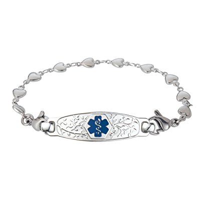 Divoti Custom Engraved Beautiful Olive Medical Alert Bracelet -Heart Link Stainless -Deep Blue