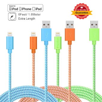 iPhone 6S Charger 3 Pack Lightning Cable 6 Ft F-color8482 Braided Apple Certified Lightning iPhone Charger for iPhone 6S 6 Plus 5S 5S 5 iPad Air 3 Mini 4 iPad Pro iPod Touch 5 Orange Green Blue