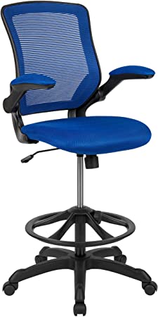 Flash Furniture Mid-Back Blue Mesh Ergonomic Drafting Chair with Adjustable Foot Ring and Flip-Up Arms