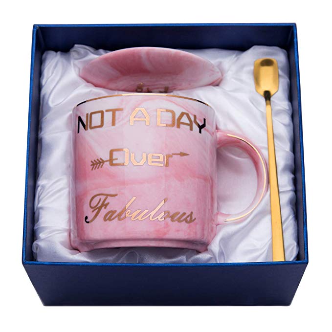 Luspan Not a Day Over Fabulous Mug - Birthday Gifts for Women - Pink Marble Ceramic Coffee Mugs 11.5oz and FREE Cup Lid