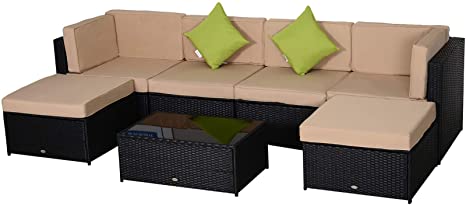 Outsunny 7pcs Wicker Rattan Sectional Set Outdoor Patio Sofa Table Footstools Set Garden Furniture with Cushions Khaki