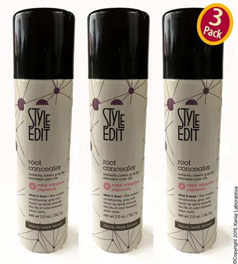 Root Concealer (Black/Dark Brown) 2oz by Style Edit ® Instantly Covers Gray Hair Between Color Services! (3 PACK)