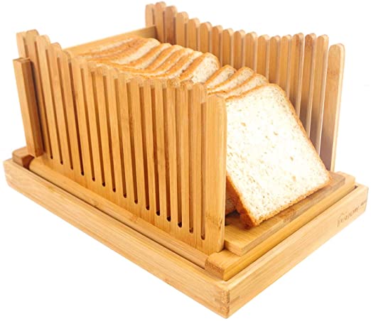 PURENJOY Bamboo Bread Slicers for Homemade Bread - Foldable Bread Slicing Guide with Crumb Catcher, Loaf Cakes Slicer, Bagels Slicer, Adjustable Slice Thickness (12.6" x 8.7" x 5.1", Original)