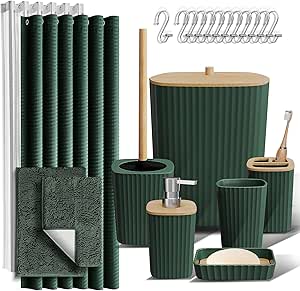 Clara Clark Bathroom Accessories Set - Green Bathroom Set, Bathroom Sets with Shower Curtain and Rugs, 22PC Shower Curtain Set with Bathroom Trash Can