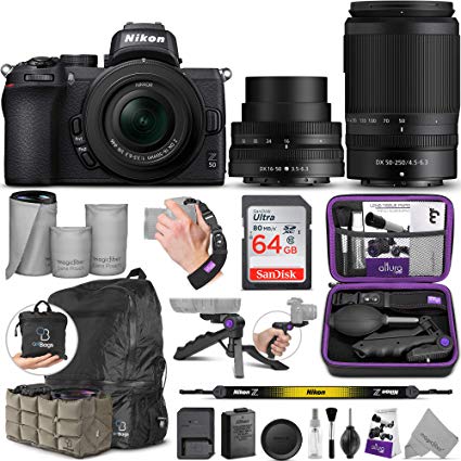 Nikon Z50 Mirrorless Digital Camera with 16-50mm and 50-250mm Lenses with Altura Photo Advanced Accessory and Travel Bundle