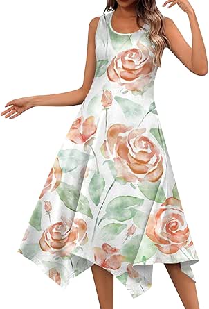 Summer Outfits for Women, Floral Dresses 2024 Trendy Asymmetrical Sun Flower Wear Sleeveless Chicos Dress, S, XXL