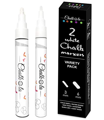 White Liquid Chalk Pens | Variety Pack of 2 | 3mm Fine & 6mm Bold Size Markers | Dust Free, Water-Based, Non-Toxic Wet Erase Liquid Chalk Ink