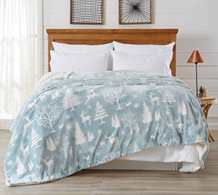 Home Fashion Designs Premium Reversible Sherpa and Fleece Velvet Plush Blanket. Fuzzy, Soft, Warm Berber Fleece Bed Blanket. (Full/Queen, Enchanted Woods - Blue)