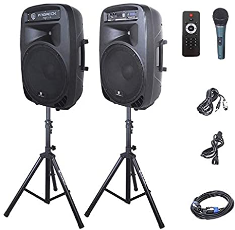 PRORECK PARTY 15 Portable 15-Inch 2000 Watt 2-Way Powered PA Speaker System Combo Set with Bluetooth/USB/SD Card Reader/FM Radio/Remote Control/LED Light