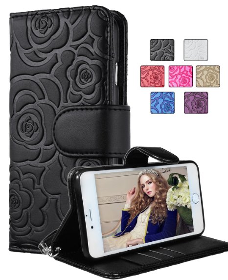 iPhone 6 Plus Wallet Case FLYEEChristmas Gifts Premium Vintage Emboss Flower Flip Wallet Shell PU Leather Magnetic Cover Skin with Detachable Wrist Strap Case for iPhone 66s Plus 55 Black