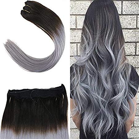 Youngsee 14 inch Ombre Hidden Halo Hair Extensions Natural Black to Blue Grey Remy Straight Invisible Wire Flip on Human Hair Extensions 80gram/set