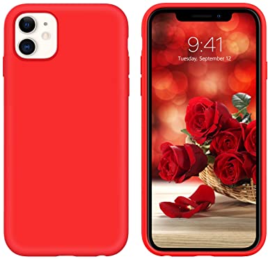 iPhone 11 Case, DUEDUE Liquid Silicone Soft Gel Rubber Slim Cover with Microfiber Cloth Lining Cushion Shockproof Full Body Protective Anti Scratch Case for iPhone 11 6.1 inch for Women Girls,Red