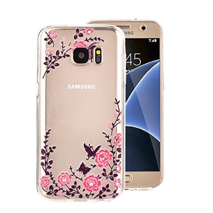 Galaxy S7 Edge case(Front Back Cover Gel Series), Houshine Shockproof TPU 360 degree Protective Clear Crystal Rubber Soft Bling Case Cover , Clear with Pink Flower