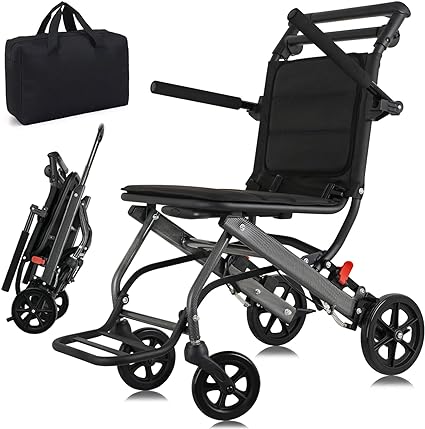 WISGING Ultra-Light Transport Wheelchair - Folding Portable Wheelchair with Hand Brake - Trolleys for Elderly Aircraft Travel(with Bag)
