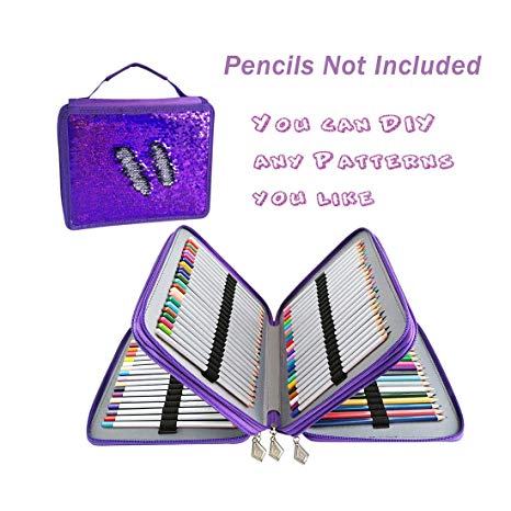Flip Sequin 120 Slots Pencil Case 3 Layers Sequins Pen Pouch Colored Crayon Organizer Handbag (Purple-Silver)
