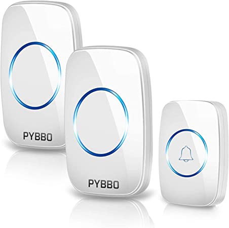 Wireless Doorbell, Water Resistant Door Bell Knocker 1000-Ft Long Range White Appearance Blue Aperture LED Jingle Bell Family Universal Door Chime Kit (White)