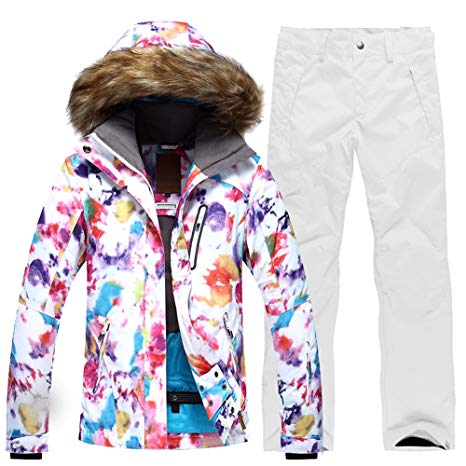 HOTIAN Womens Windproof Snow Jacket Insulated Fur Hoodie Ski Jacket   Pants Snowsuit