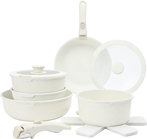 Country Kitchen 13 Piece Pots and Pans Set - Safe Nonstick Cookware Detachable Handle, Kitchen Cookware with Removable RV Cookware Set, Oven (Cream) 13 Pc. Cookware (YFAC13RH CRM)