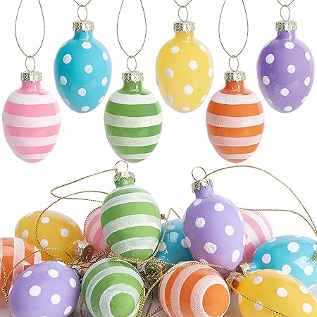 12 Pcs Glass Easter Hanging Eggs- 1.8 Inch Easter Eggs Hanging Ornaments- Dots Stripes Easter Decorations Eggs Tree Ornaments for Party Birthday Home Garden Decoration