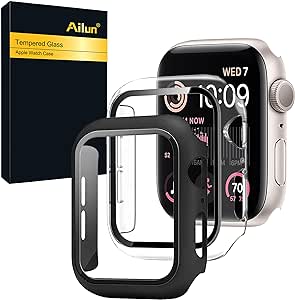 Ailun for Apple Watch SE 2023/Series 6/5/4/SE Screen Protector[40mm], Ultra-Thin Hard PC Case Built in Tempered Glass Screen Protector for iWatch, Shockproof Cover with Button [2 Pack][Black Clear]