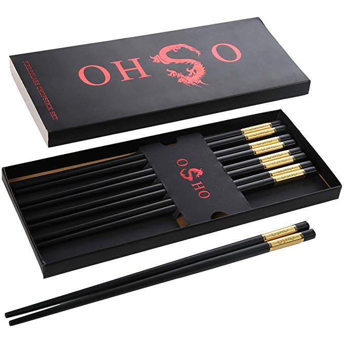 Osho 5 pairs of Dishwasher Safe Reusable Fiberglass Chinese Chopsticks (Royal Gold Chopstick Set)
