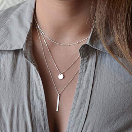 FXmimior Multilayer Necklace 3 Tier Pendant Long Chain Women Accessories(silver)