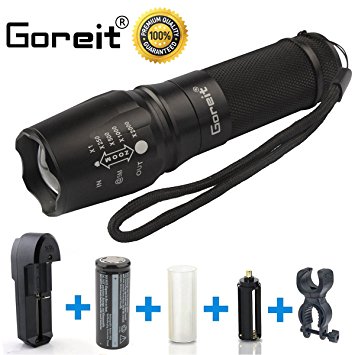 Goreit G700 900 Lumens T6 LED Military Flashlight, waterproof zoom Focus Handheld, 5 modes, with 26650 battery and charger, 360°bicycle mount, for biking Hiking, Camping, Emergency etc